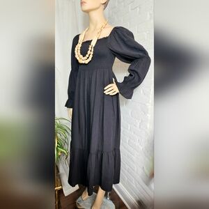 Quince Smocked Midi Dress Black Long Sleeve Tiered Cotton Size L NWT
